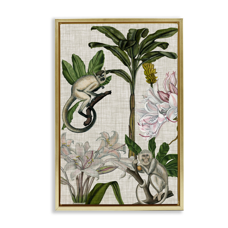 Toile flottante vintage encadrée «Monkey & Plants» par Vision Studio, Cadre flottant métallique doré, H 25 po x l 17 po