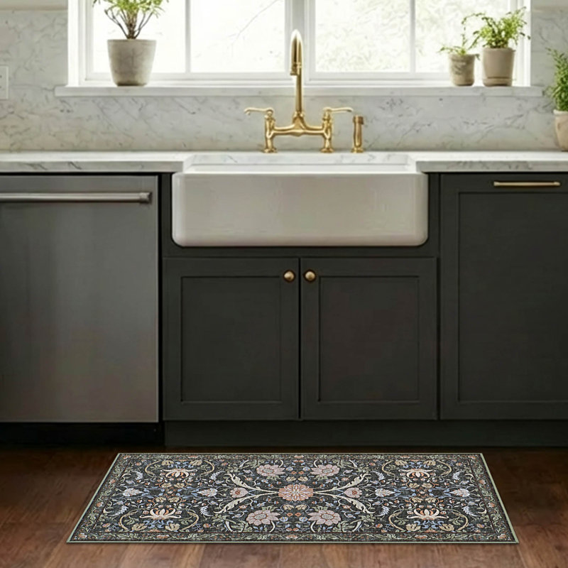 Hunter Washable Printed Chenille Rug, Charcoal/Navy, 2 x 4