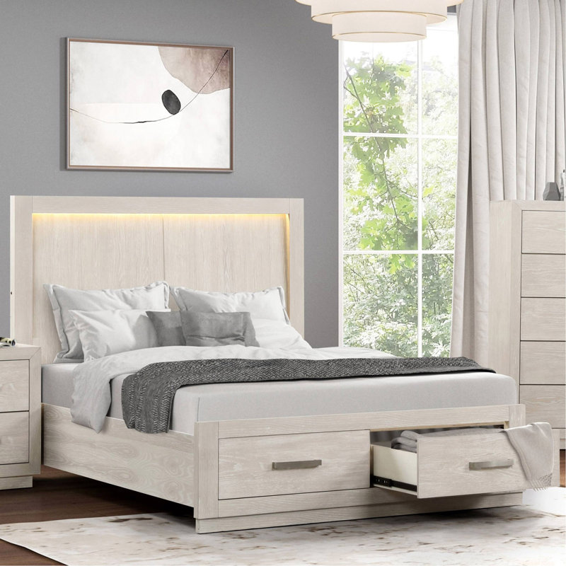 Transitionnel 1pc lit très grand lit à DEL avec rangement pour pieds de lit gris clair et mobilier de chambre à coucher