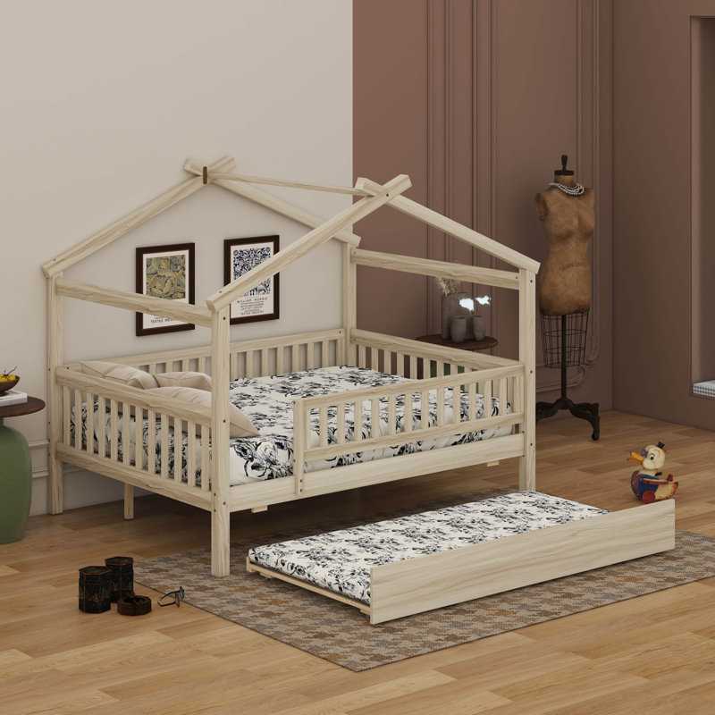 Wooden House Bed With Trundle, Lit double, Naturel