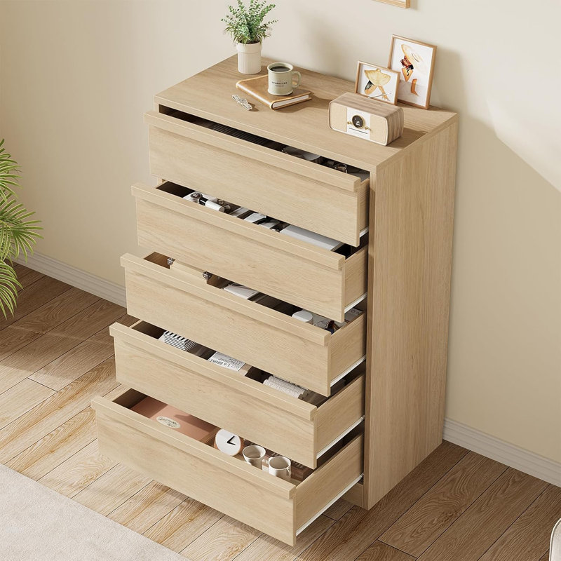 Commode 5 tiroirs pour la chambre à coucher, commode moderne 5 tiroirs avec rangement spacieux, organisateur de commode autoportant pour chambre à coucher, salon, chêne naturel
