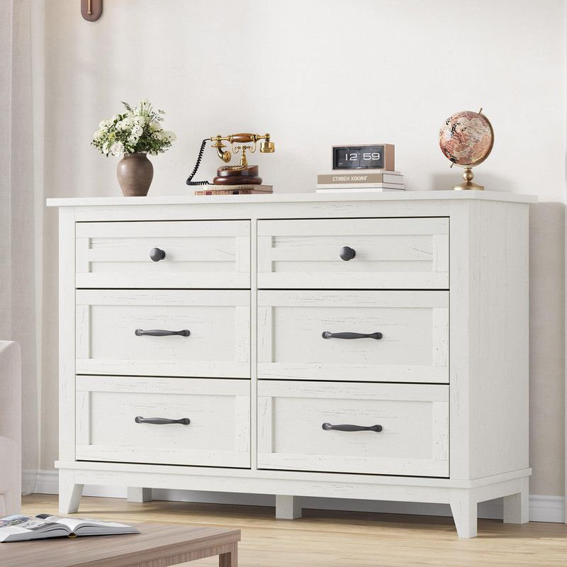 Freestanding 6-Drawer Storage Dresser, 47-Inch Wide White Large Capacity Wooden Chest, Closet Organizer for Living Room, Bedroom or Entryway