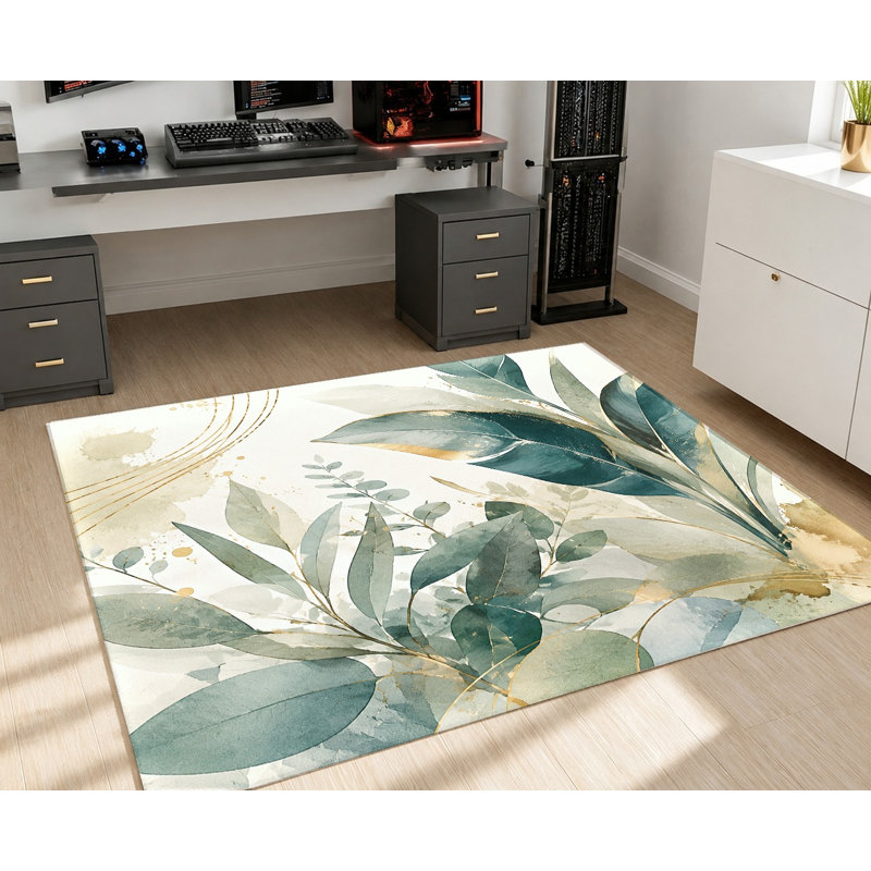 Tapis en velours vert doré à feuilles d'eucalyptus aquarelle, Rectangle 5 pi 3 po x 3 pi 3 po (160 x 100 cm)