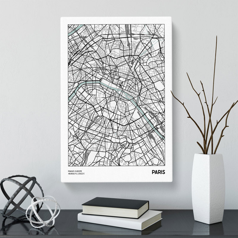 Map Paris France - Wrapped Canvas, 76cm H x 50cm W x 3cm D