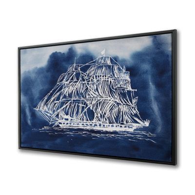 Sailing Ship Illustration - Sea White Framed Canvas Decor