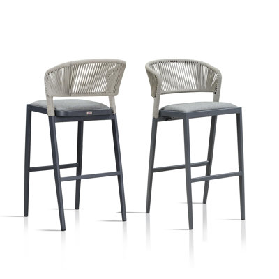 Modern Aluminum Rattan Bar Height Outdoor Bar Stool With Backrest And Cushion (Set Of 2)