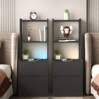 Table de chevet avec station de charge, table de chevet intelligente avec veilleuse, table de chevet moderne avec bibliothèque, tables de chevet avec armoire de rangement pour la chambre à coucher