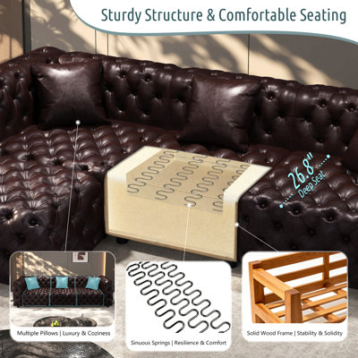 Ensemble de canapé moderne 105,7 po, canapé modulaire rembourré 3 places en similicuir avec conception touffetée à la main pure, 1 repose-pieds et 3 coussins, combinaison multiple pour le salon