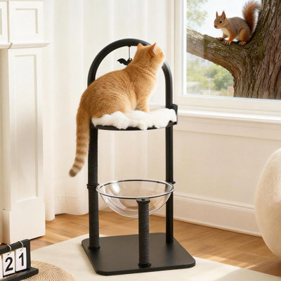 Meuble pour arbre à chat moderne de 34 po, tour de chat à structure en métal minimaliste avec plateformes en bois, coussin lavable et poteau à griffes, maisonnette élégante pour chats d'intérieur