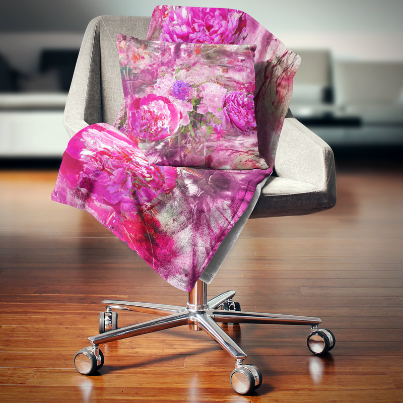 Pivoines roses, fond abstrait - coussin à imprimé floral, 16 po x 1 po, Coussin décoratif