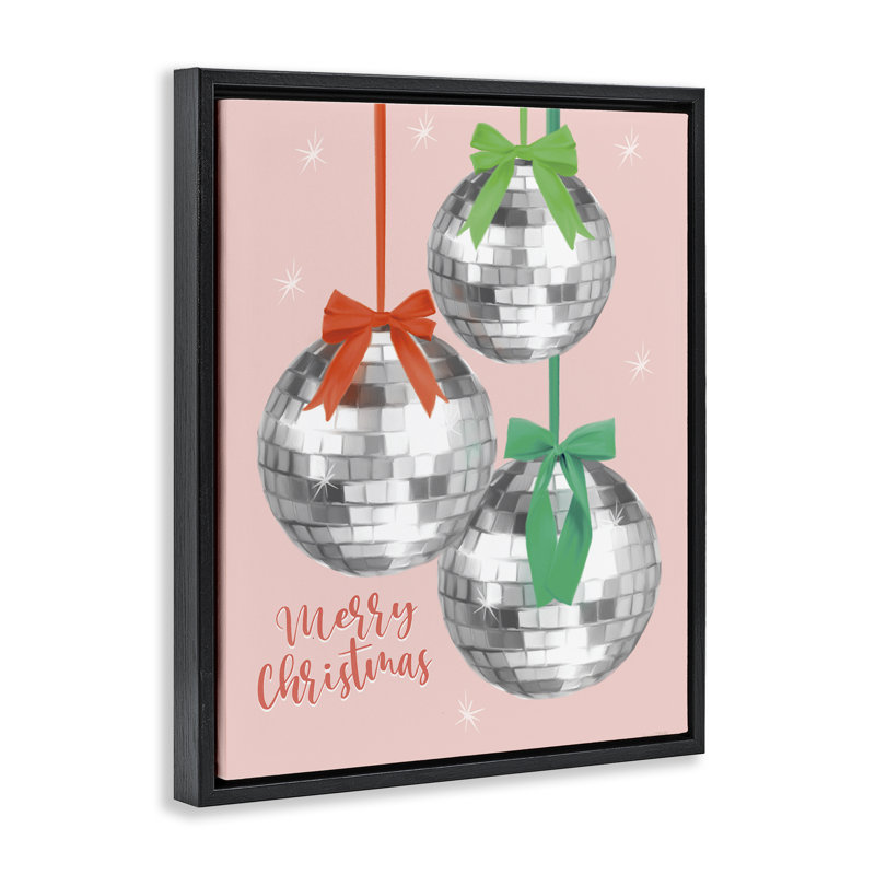 «Merry Christmas Disco Balls», art mural encadré par Floater, H 21 po x l 17 po, Cadre flottant noir de jais