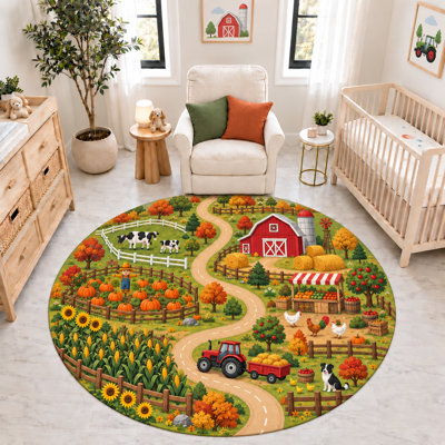 Tapis rond « Ultra Fin » 183 x 183 cm, motif de récolte d'automne, citrouilles, maïs et tracteur, tapis d'intérieur doux à poils courts et envers antidérapant en silicone, idéal pour la chambre d'enfant et la salle de jeux.