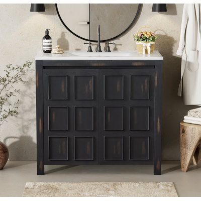 Vintage Espresso Bathroom Vanity Organizer with Ceramic Sink Rustic Storage Cabinet Set 2-Tier Shelf + Drawer Farmhouse-Style for Bathroom & Powder Room