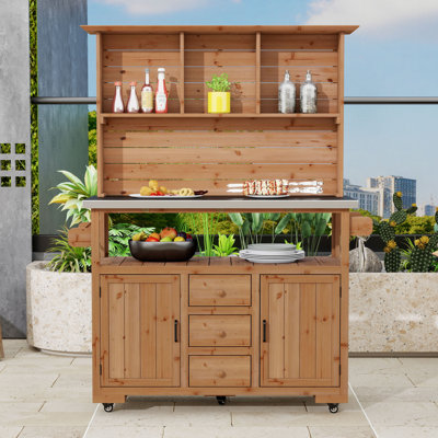 Banc de rempotage roulant avec huche et plateau en acier inoxydable, îlot de cuisine extérieur avec roulettes verrouillables