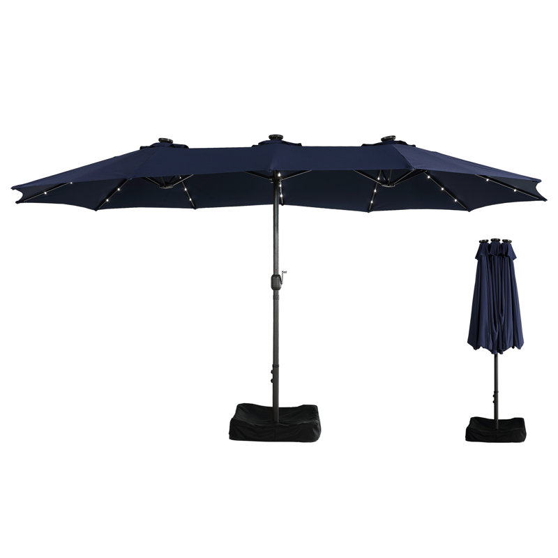 Parasol de patio 15 pi avec base et DEL 15 pi, Bleu marine