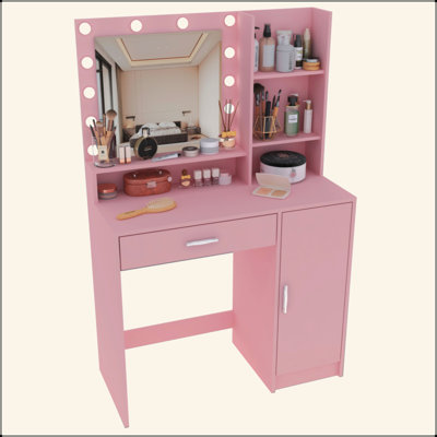 Vanity Desk With Mirror & Light, Large Drawer Three Level Storage Dresser, 3 Lighting Modes Adjustable Brightness, Bedroom Dressing Table