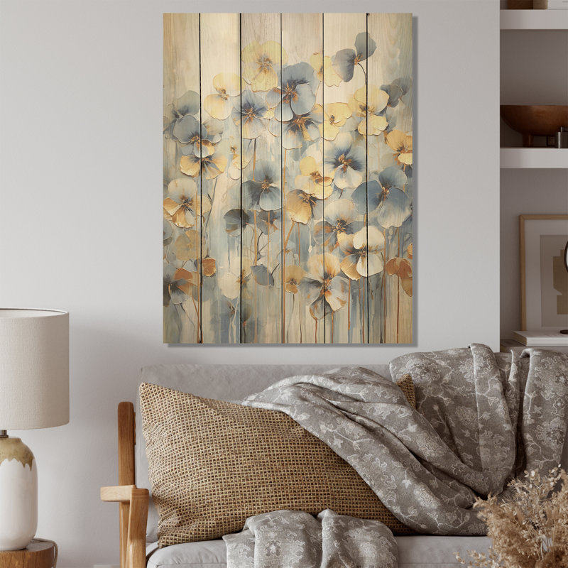 Élégants pétales dorés et bleus - Pensées, art sur bois de pin naturel, H 20 po x l 10 po