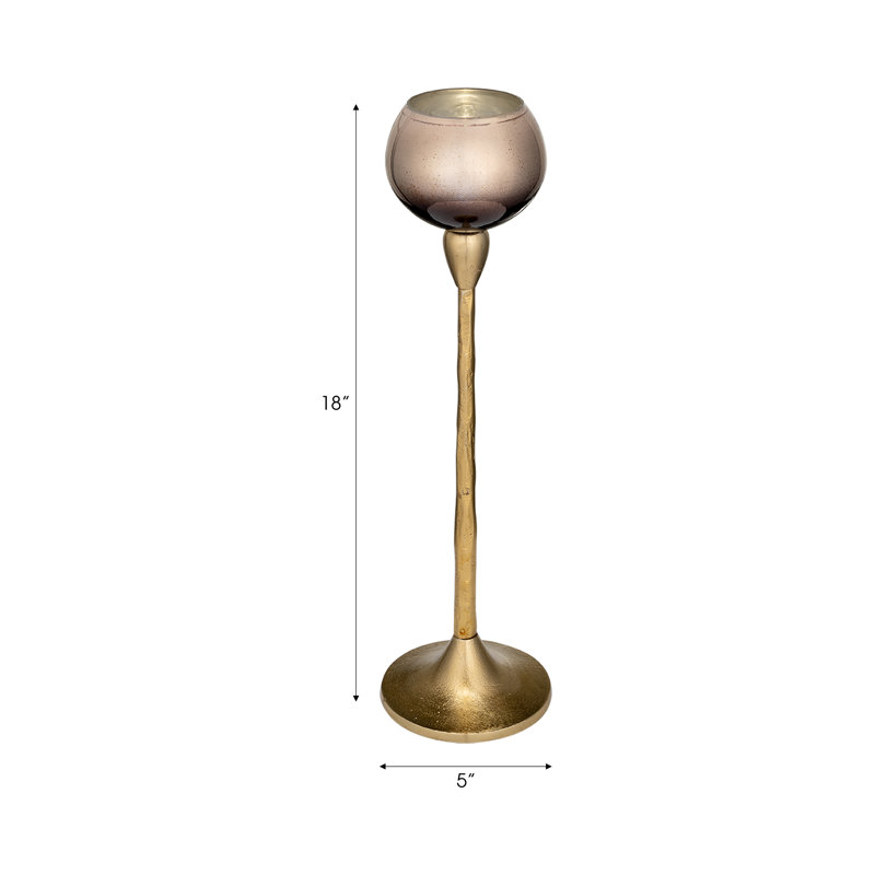 Heriberto Fortune Glam Glass and Metal Pillar Holder with Aluminum Stem and Curved Globe Design for Elegant Decorative Accent