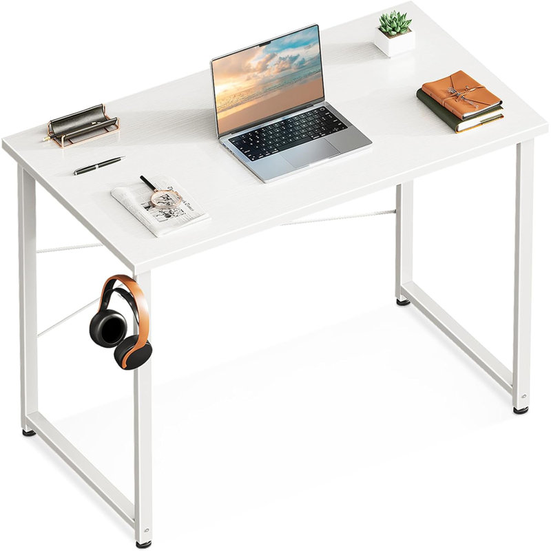 Bureau d'ordinateur compact pour bureau à domicile et bureau, table d'écriture peu encombrante avec crochets pour casque d'écoute, structure en métal robuste et bureau imperméable, conception moderne facile à assembler