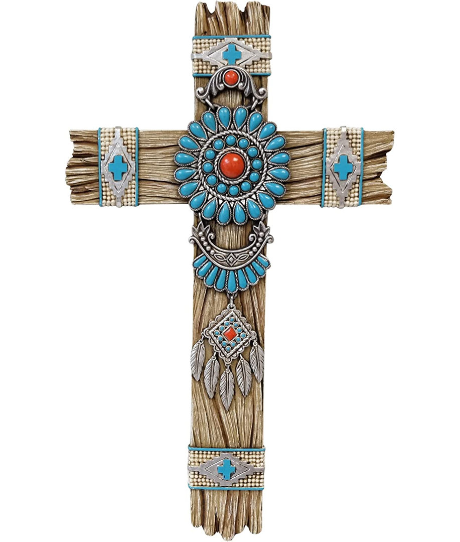 Faux Wood Turquoise Stone Pendant with Feather Dream Catcher Accent Hanging Wall Cross Décor Bungalow Rose