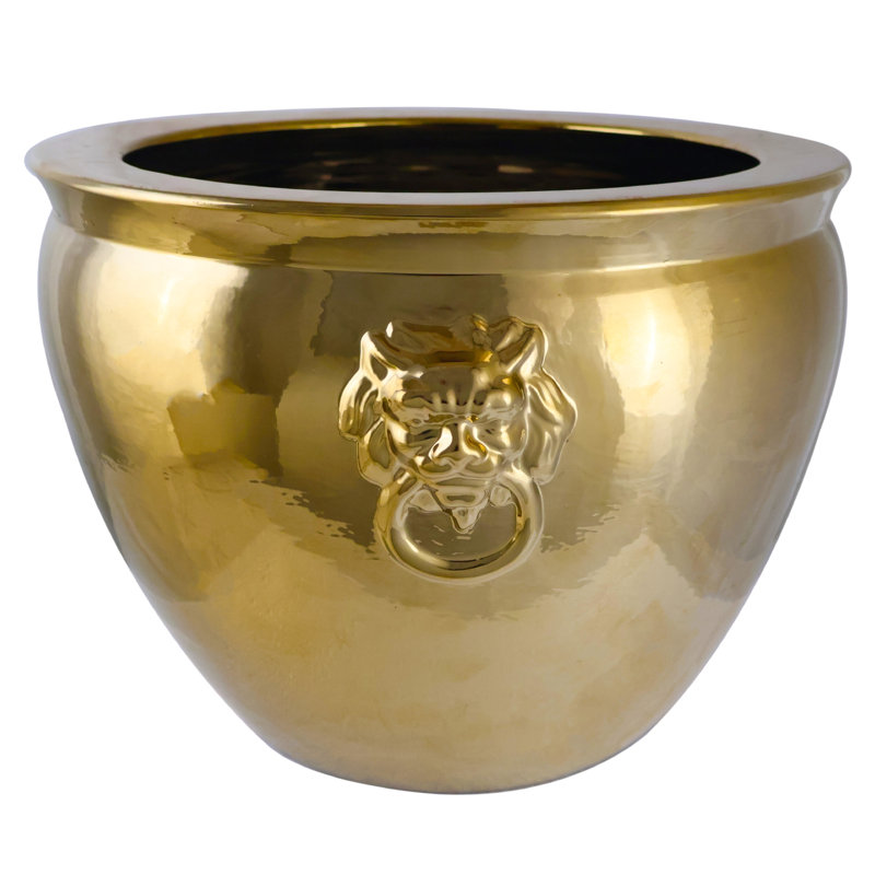 Large Shiny Asian Porcelain Planter with Lion Handles, Gold, 13" H x 16" W x 16" D
