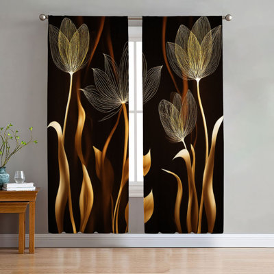 2Pcs Abstract Gold Floral Curtains, Modern Art Luxury Decorative Light Filtering Curtain For living room bedroom Kitchen Rod Pocket Window Drapes, Glamorous Home Decor