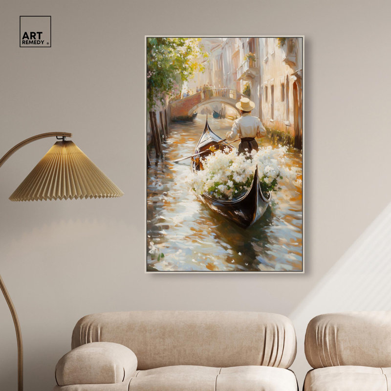 Décoration murale en toile Sunlit Canal par Art Remedy, cadre argenté, 30 x 45, H 46 po x l 31 po, Cadre argenté