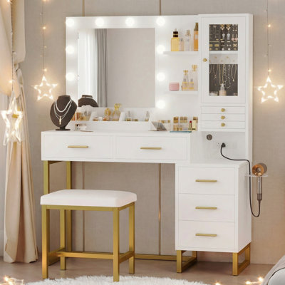 Bureau de coiffeuse blanc avec miroir et lumières, coiffeuse de maquillage avec lumières DEL à 3 couleurs, 5 tiroirs et tablettes de rangement, prise de courant, coiffeuse avec rangement pour bijoux pour la chambre à coucher (tabouret inclus)