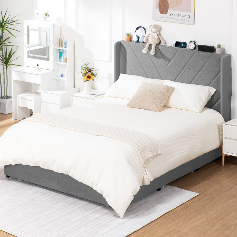 Bed Frame with Headboard and 3 Storage Drawers, Upholstered Platform Bed with Charging Station, Steel Slat Support, No Box Spring Needed, Easy Assembly