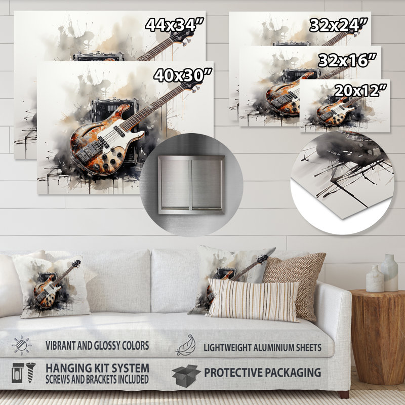 «Brown Charcoal Guitare Vibations IV», art mural musique en métal, H 34 po x l 44 po x P 1,5 po