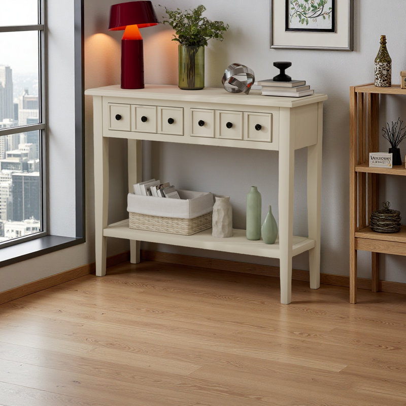Table d'entrée avec 2 tiroirs, console rustique avec tablette ouverte et pieds en bois d'hévéa pour les entrées, les salons et les couloirs