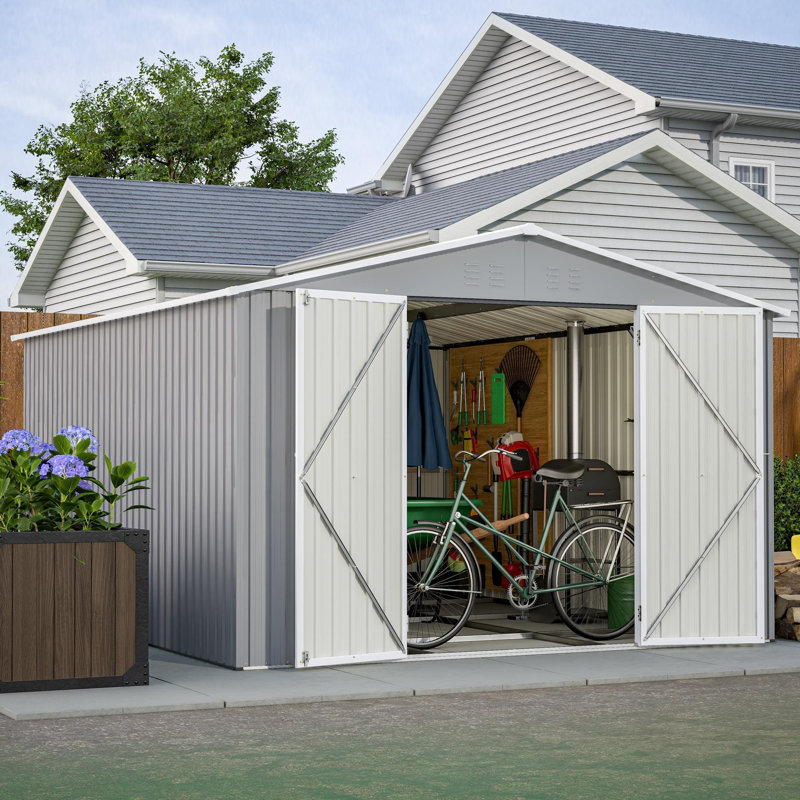 Remise de rangement extérieure en métal l 10 pi. X P 12 pi. Avec cadre de plancher et portes doubles verrouillables (120 pi. Ca.)