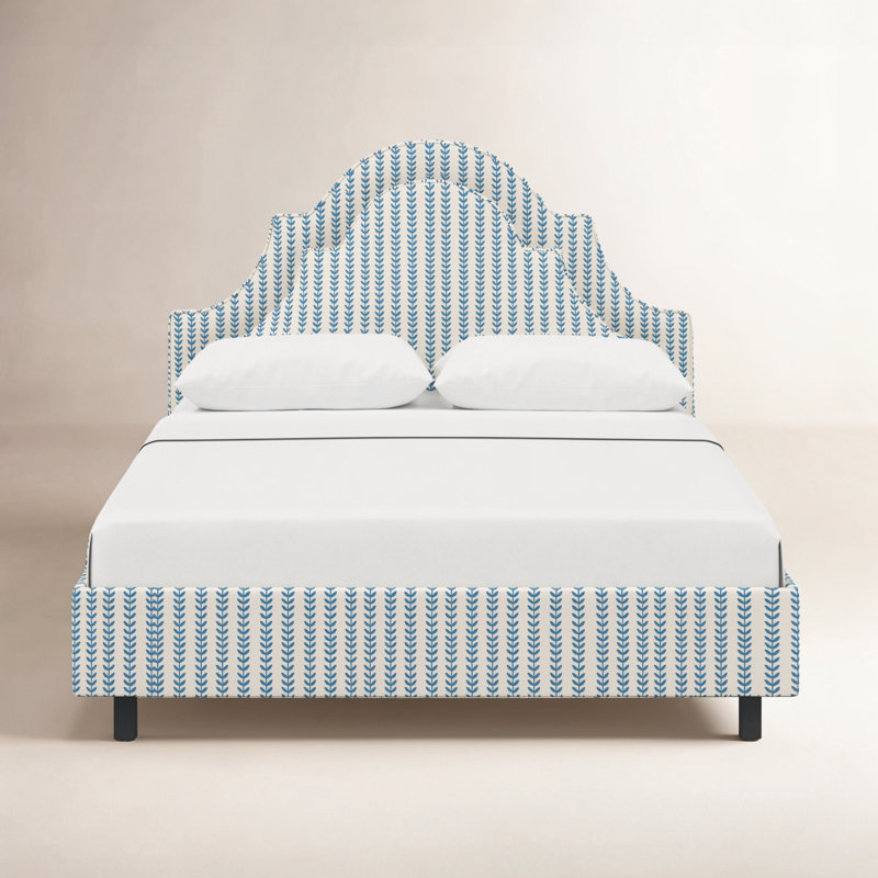 Knipe Upholstered Scalloped Bed, Queen, Vine Stripe Dusty Blue