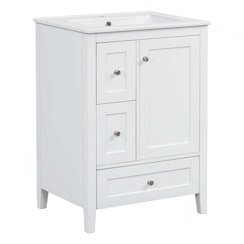 Meuble-lavabo de 24 po avec rangement, tablette réglable, panneau de fibres à densité moyenne et bois d'hévéa, cloisons amovibles