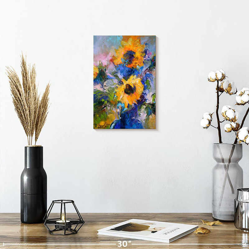 Harnek tournesols dans un vase bleu, H 12 po x l 8 po