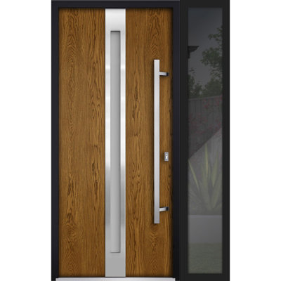 Porte avant en acier pré-suspendue à l'avant / deux en chêne naturel 1744 / fenêtre extérieure latérale noire / inserts en acier inoxydable peints simples modernes - l 36 po x H 80 po - Gauche