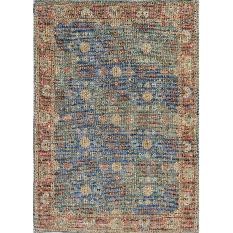 Tapis floral bleu et beige tissé à la main Doletha, Rectangle 7 pi x 9 pi