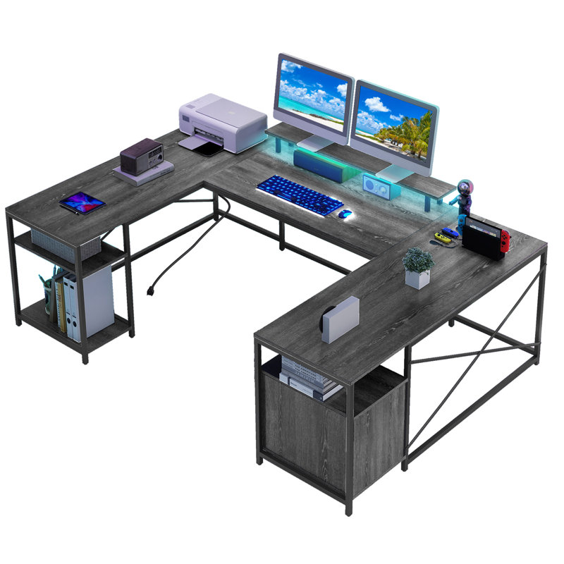 U Shaped Desk with Power Outlets & LED Lights, Reversible Corner Computer Desk with Drawers & Monitor Stand, Gray/Black