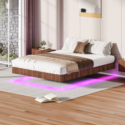 Floating Bed Frame Of Queen Size, Walnut Finish, Led Lights, Wave Curve Wood Panel, Heavy Duty Metal Structure, Suspension Aesthetic Design, Sound - Flickering Load Bearing 1000 Lbs In Solid Wood,