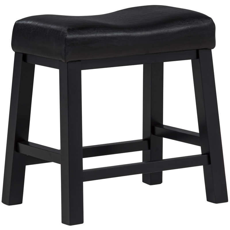19" Solid Wood Backless Counter Stool with Pu Leather Upholstered Seat, Black, Black