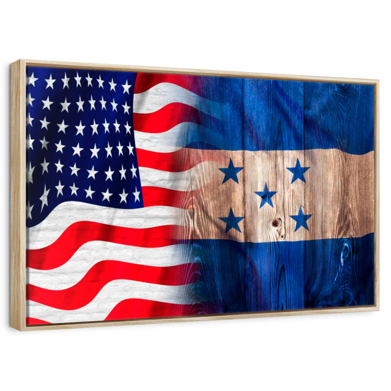 USA And Honduras Flag, Floating Frame Natural Wood, 31" X 21"