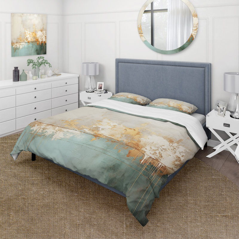 Minimalism Gold And Teal Horizon I - Abstract Painting Duvet Cover Set, Twin Duvet Cover + 2 Standard Shams