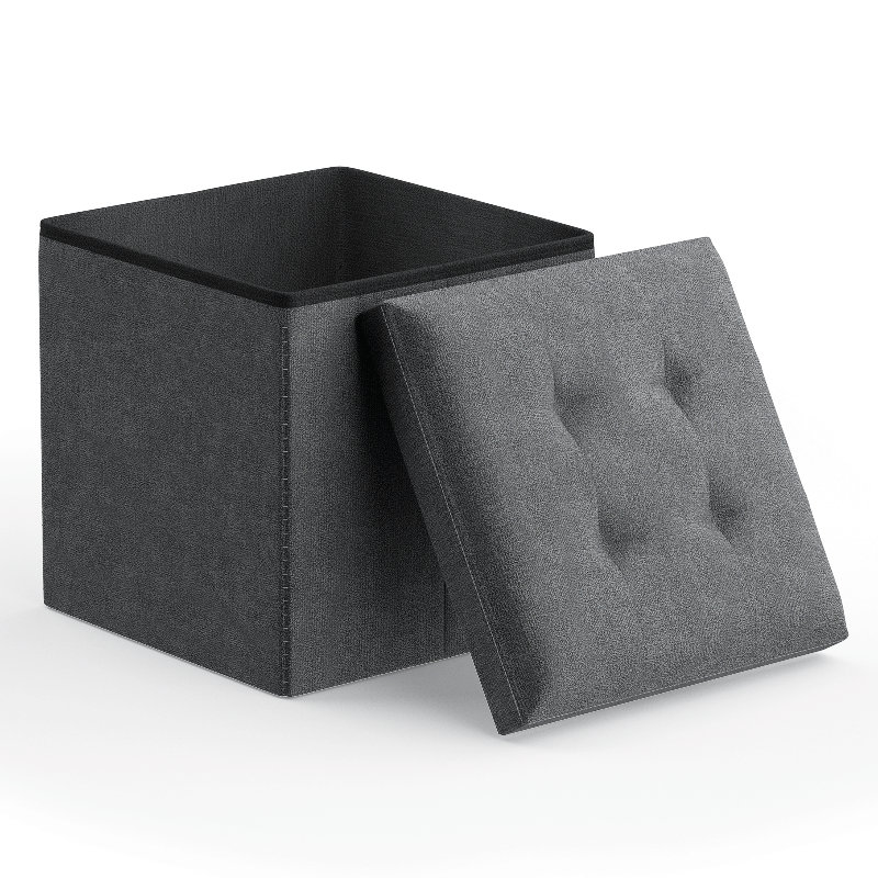 15" Cube Folding Ottoman With Storage, Cotton-Linen Collapsible Foot Stool, For Living Room, Bedroom Entryway, Dark Gray