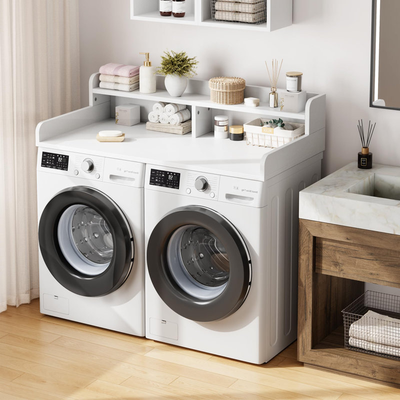 Comptoir à linge 54 "avec tablette à 2 niveaux et garde-corps, laveuse et sécheuse en bois pour salle de lavage, Blanc