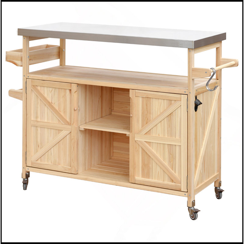 Outdoor Kitchen Island, Rolling Bar Cart & Storage Cabinet, Farmhouse Solid Wood Outdoor Grill Table With Stainless Steel Top, Spice Rack , Towel Rack For Kitchen & BBQ