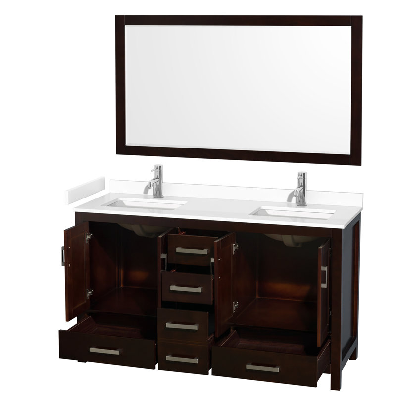 Sheffield 60" Freestanding Double Bathroom Vanity with Cultured Marble Top with 58" Mirror, Espresso, White Cultured Marble