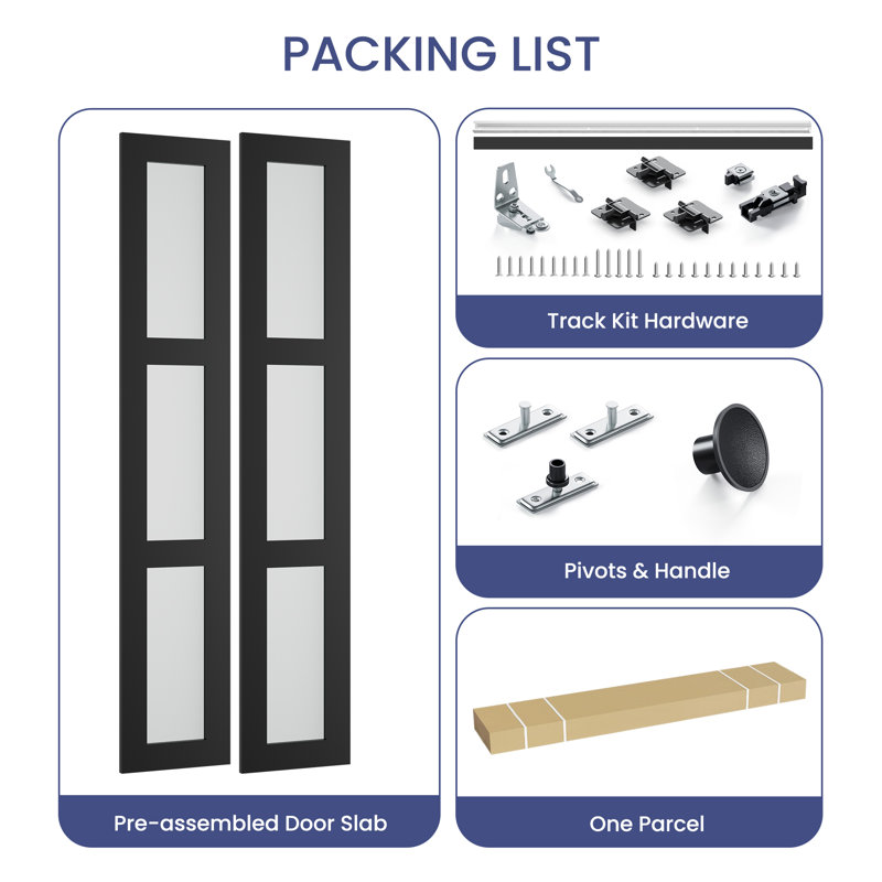 3-Lite Frosted Glass and Black Manufactured Wood Bi-Fold Doors with Hardware Kit, 28" x 80"