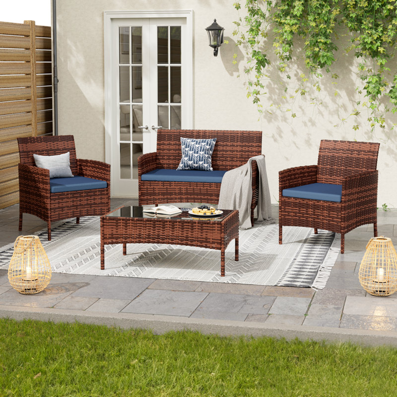 Ensemble de conversation d'extérieur pour 4 personnes avec coussins Angeli, Structure brune / coussin bleu marine