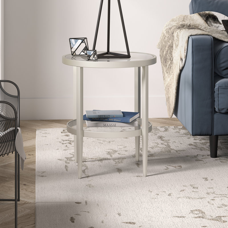 Hera 19.63'' Wide Round Side Table With Clear Glass Shelf, Satin Nickel