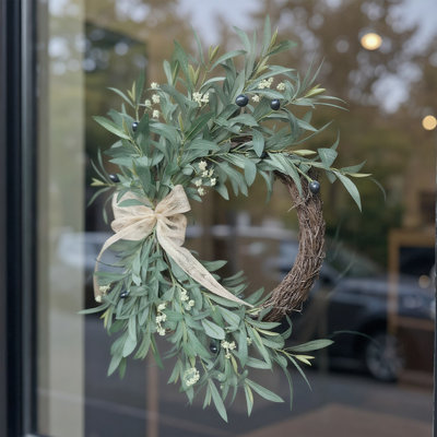 Spring Summer Farmhouse Style Artificial Olive Leaf Wreath, 50Cm/19.7In All-Year-Round Welcome Greenary Garland With Burlap Bow For Outdoor Garden Yard Wall Hanging Decorative Swags